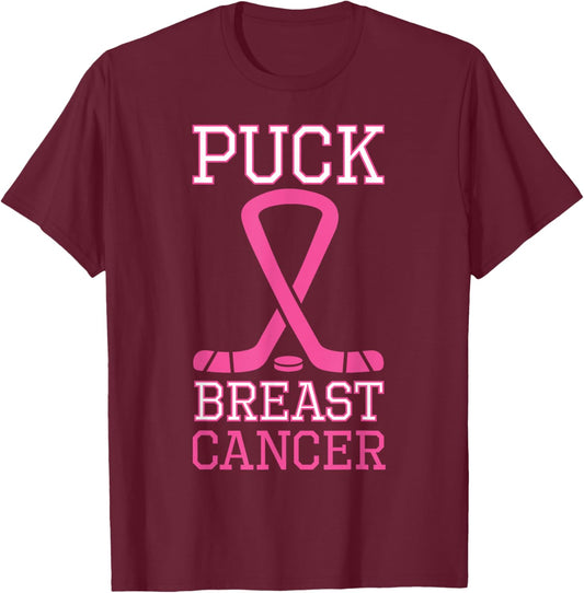 Puck Breast Cancer Pink Ribbon Ice Hockey Cancer day T-Shirt - T-Shirt | Maroon