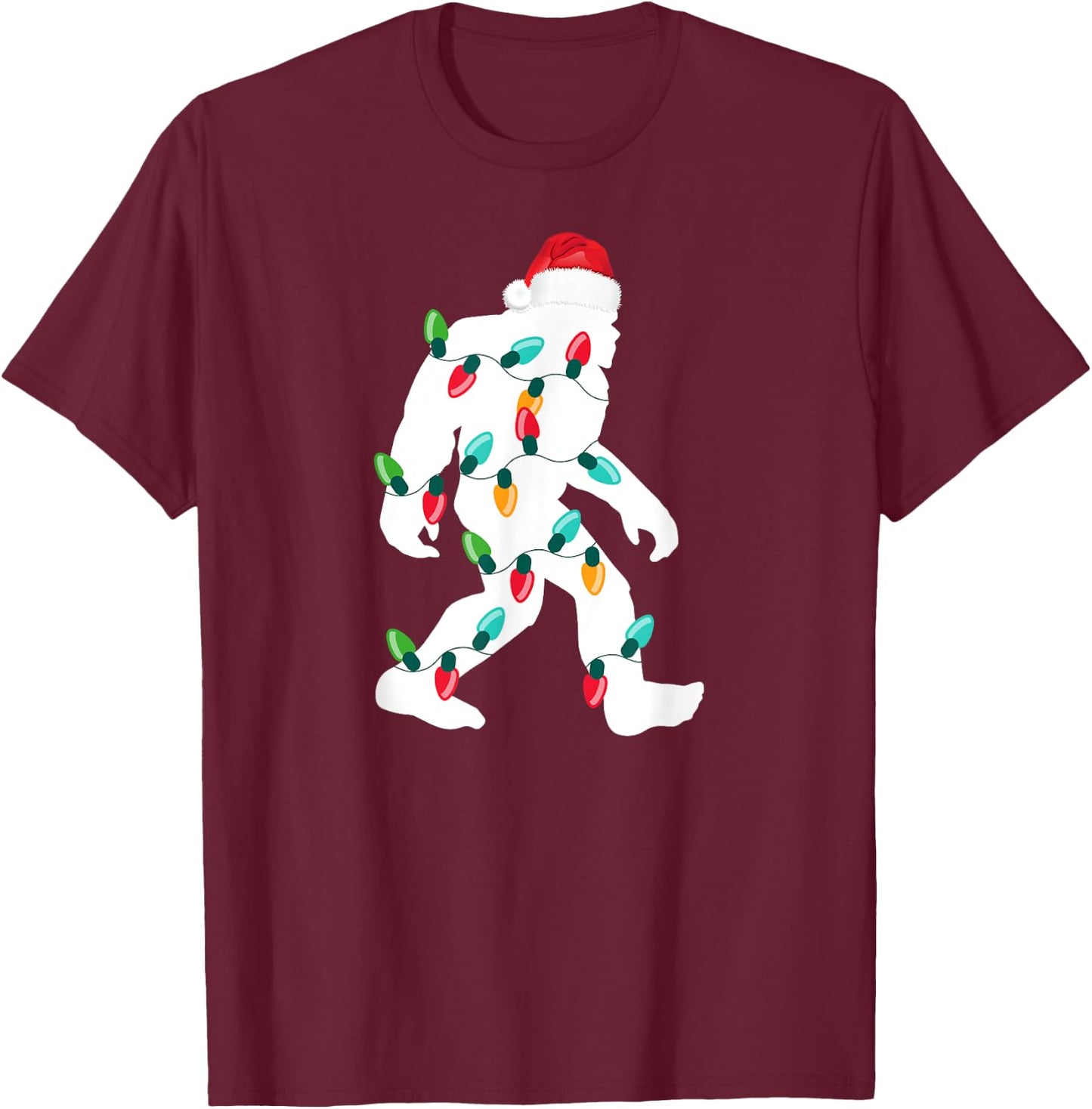 Bigfoot Santa Hat Christmas Sasquatch Xmas Lights T-Shirt - T-Shirt | Maroon