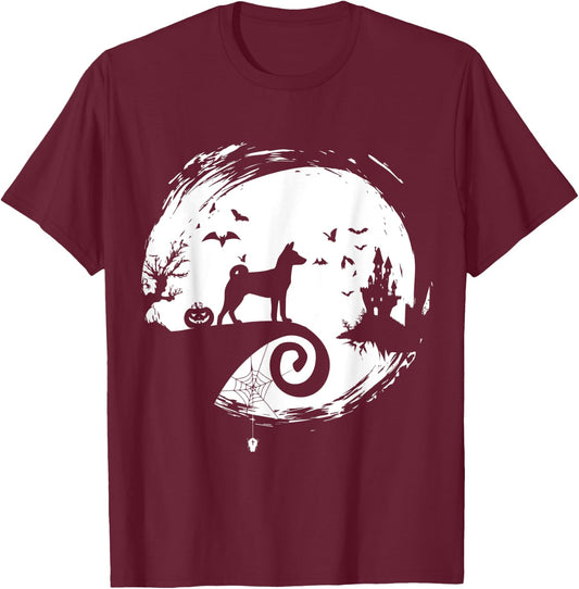 Basenji Halloween Costume Moon Silhouette Creepy T-Shirt - T-Shirt | Maroon