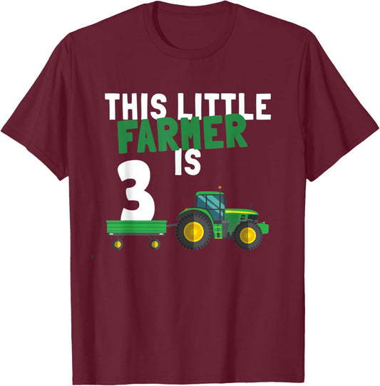 This Little Farmer is 3 Kids 3nd Birthday Farm Tractor T-Shirt - T-Shirt | Maroon