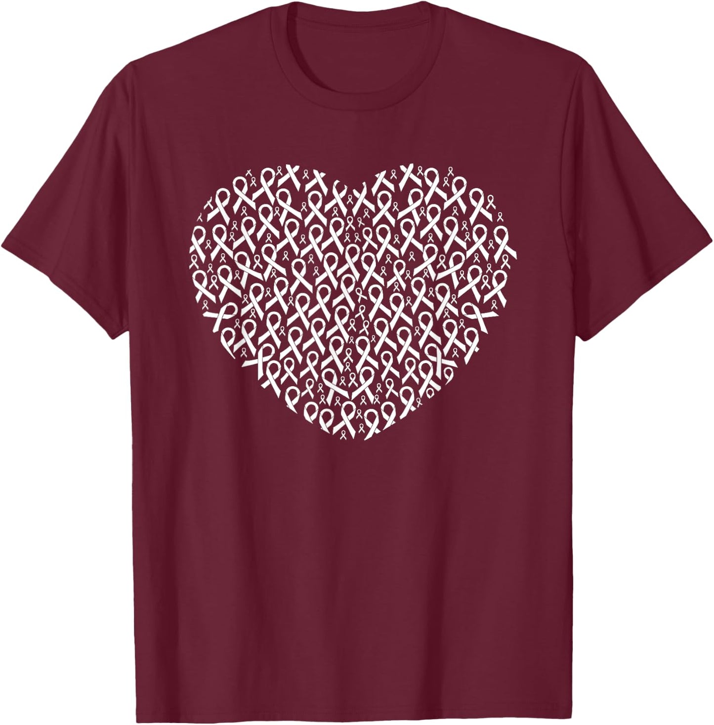 Lung Cancer Awareness White Ribbon Heart Gift Support T-Shirt - T-Shirt | Maroon