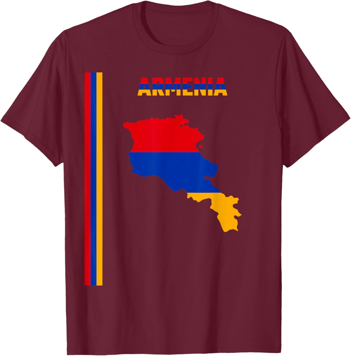Vertical Armenian Flag, text “ARMENIA” & Silhouette map T-Shirt - T-Shirt | Maroon