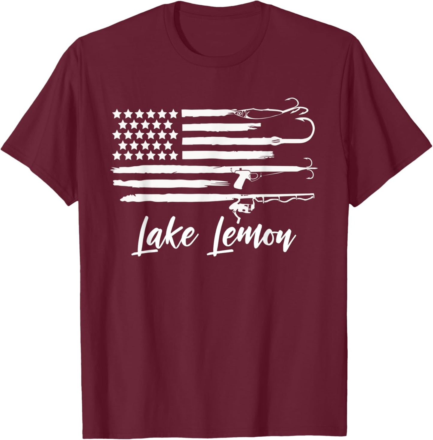 Lake Lemon Indiana Patriotic Fishing Novelty Flag T-Shirt - T-Shirt | Maroon
