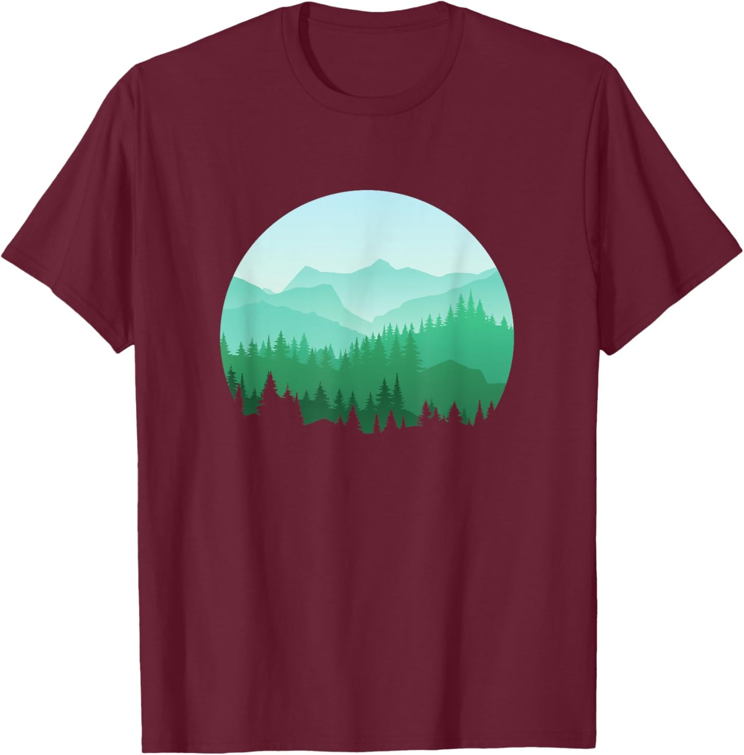 Teal Green Mountain and Forest Scene Silhouette Graphic T-Shirt - T-Shirt | Maroon