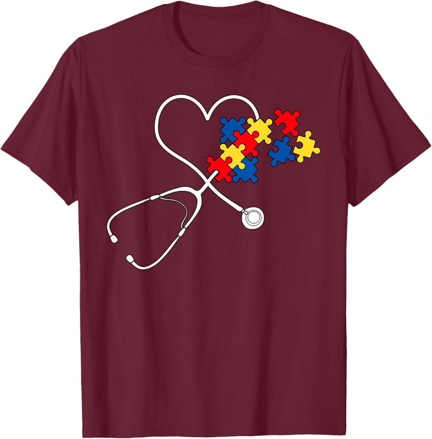 Autism Awareness Nurse Stethoscope Heart ASD Scrub Top Women T-Shirt - T-Shirt | Maroon