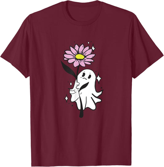 Cute Ghost Holding Flower , Kawaii Ghost Graphic T-Shirt - T-Shirt | Maroon