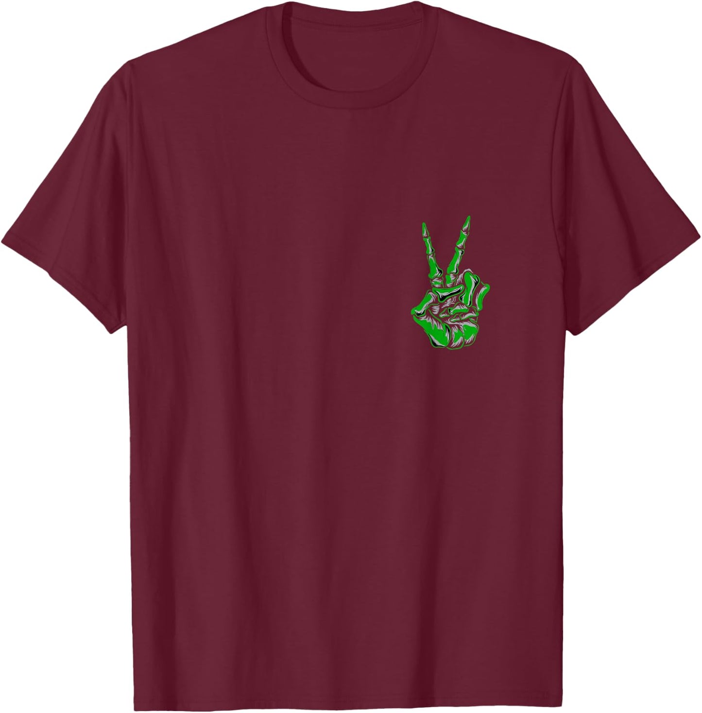 Green Skeleton Peace Sign Kelly Green Color Graphic T-Shirt - T-Shirt | Maroon