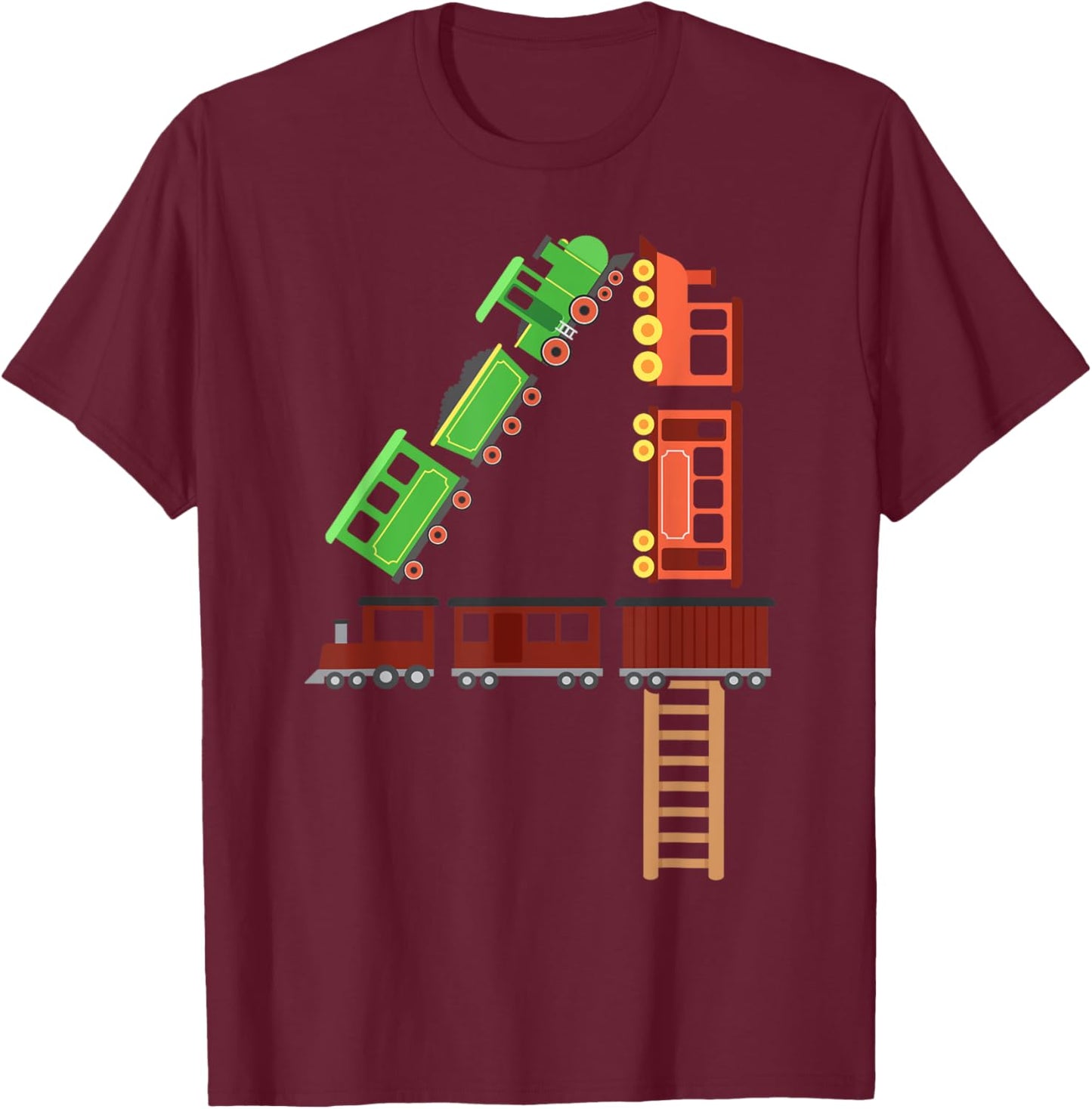 Kids 4th Birthday Train Boys Girls Fun 4 Year Old Train T-Shirt - T-Shirt | Maroon