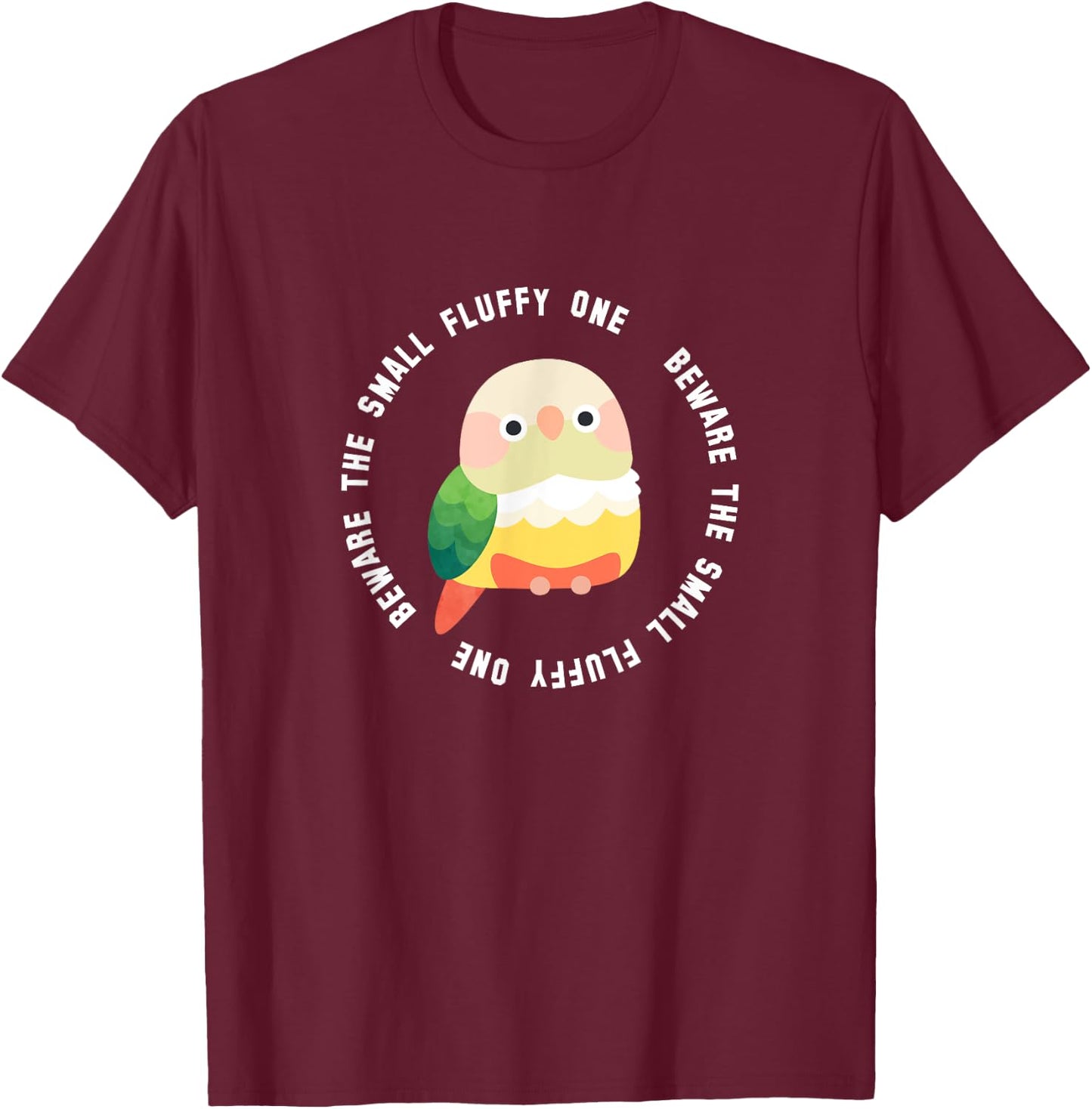 Beware the Green Cheek Conure (Cinnamon/Pineapple) T-Shirt - T-Shirt | Maroon