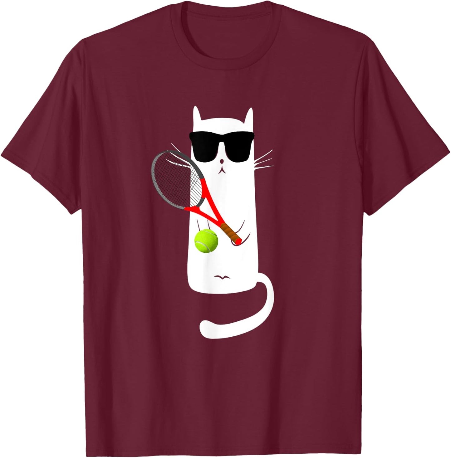 Funny Cat Wearing Sunglasses Playing Tennis T-Shirt - T-Shirt | Maroon