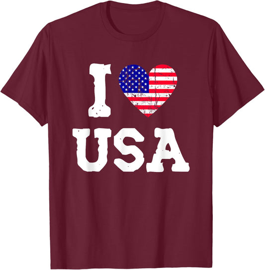 I Love USA | American Flag Heart | Freedom Patriotic T-Shirt - T-Shirt | Maroon