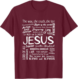 Names of Jesus - Christian Bible T-Shirt - T-Shirt | Maroon