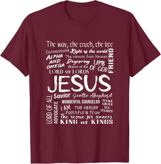 Names of Jesus - Christian Bible T-Shirt - T-Shirt | Maroon