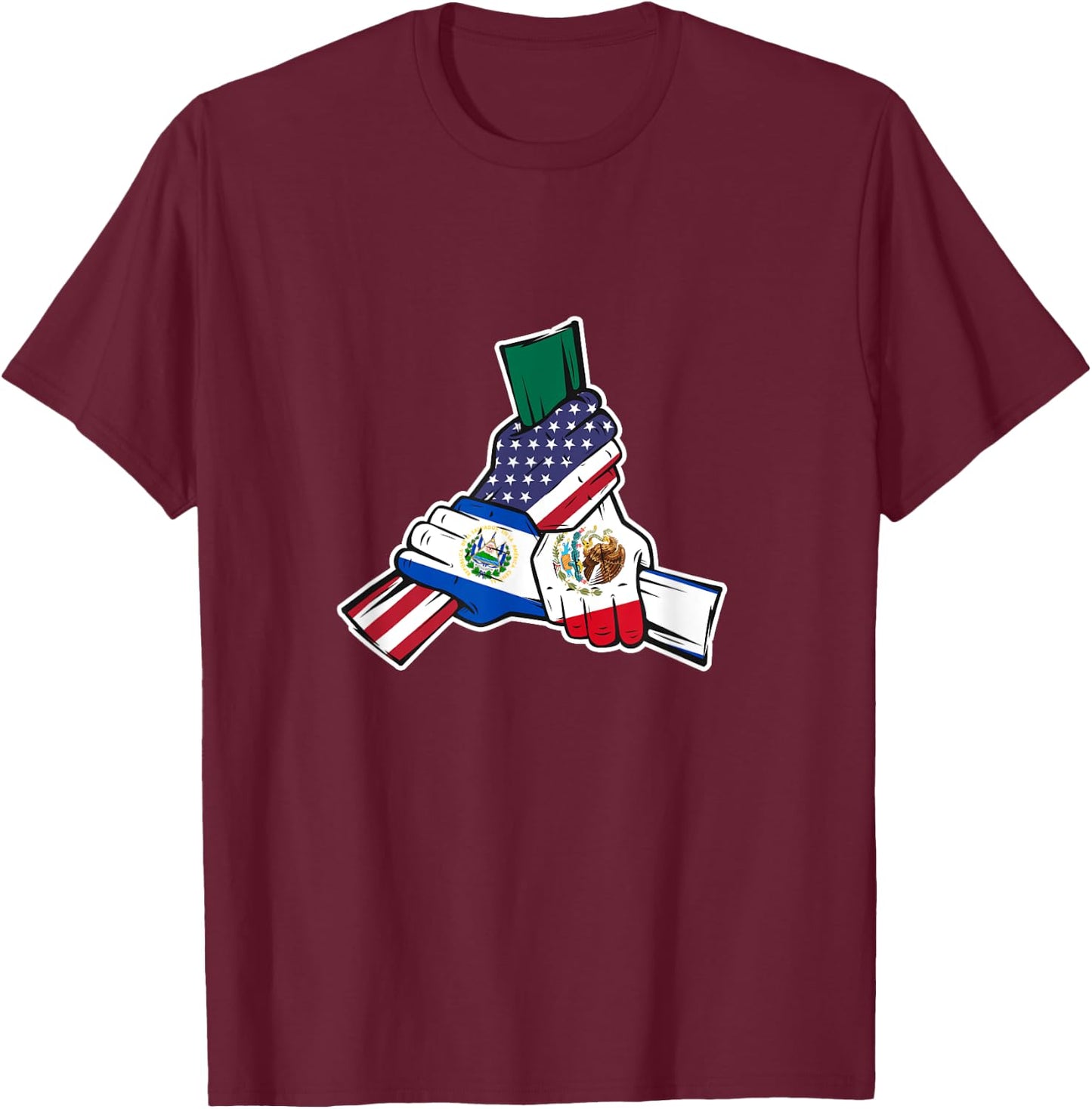Holding Hands. Mexico, El Salvador Roots and USA Flag T-Shirt - T-Shirt | Maroon