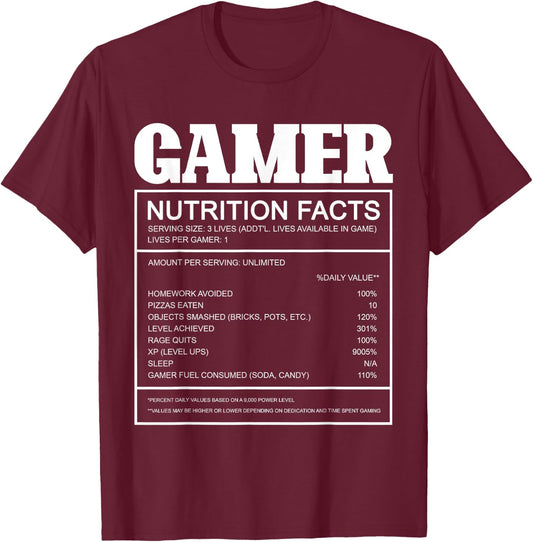 Gamer Nutrition Facts Gaming T-Shirt - T-Shirt | Maroon