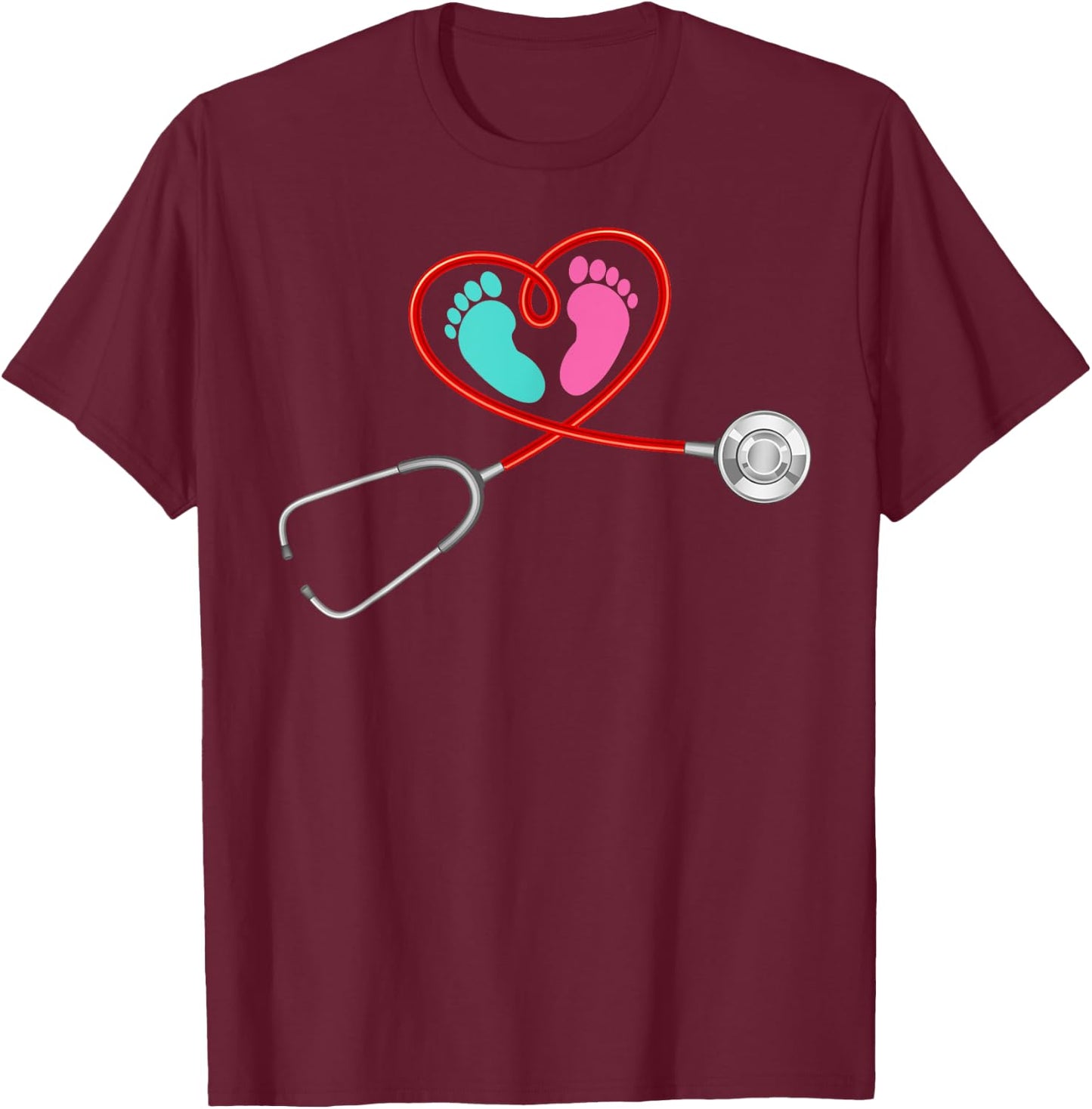 Pediatric OB NICU Nurse Stethoscope Baby Feet Funny Nursing T-Shirt - T-Shirt | Maroon