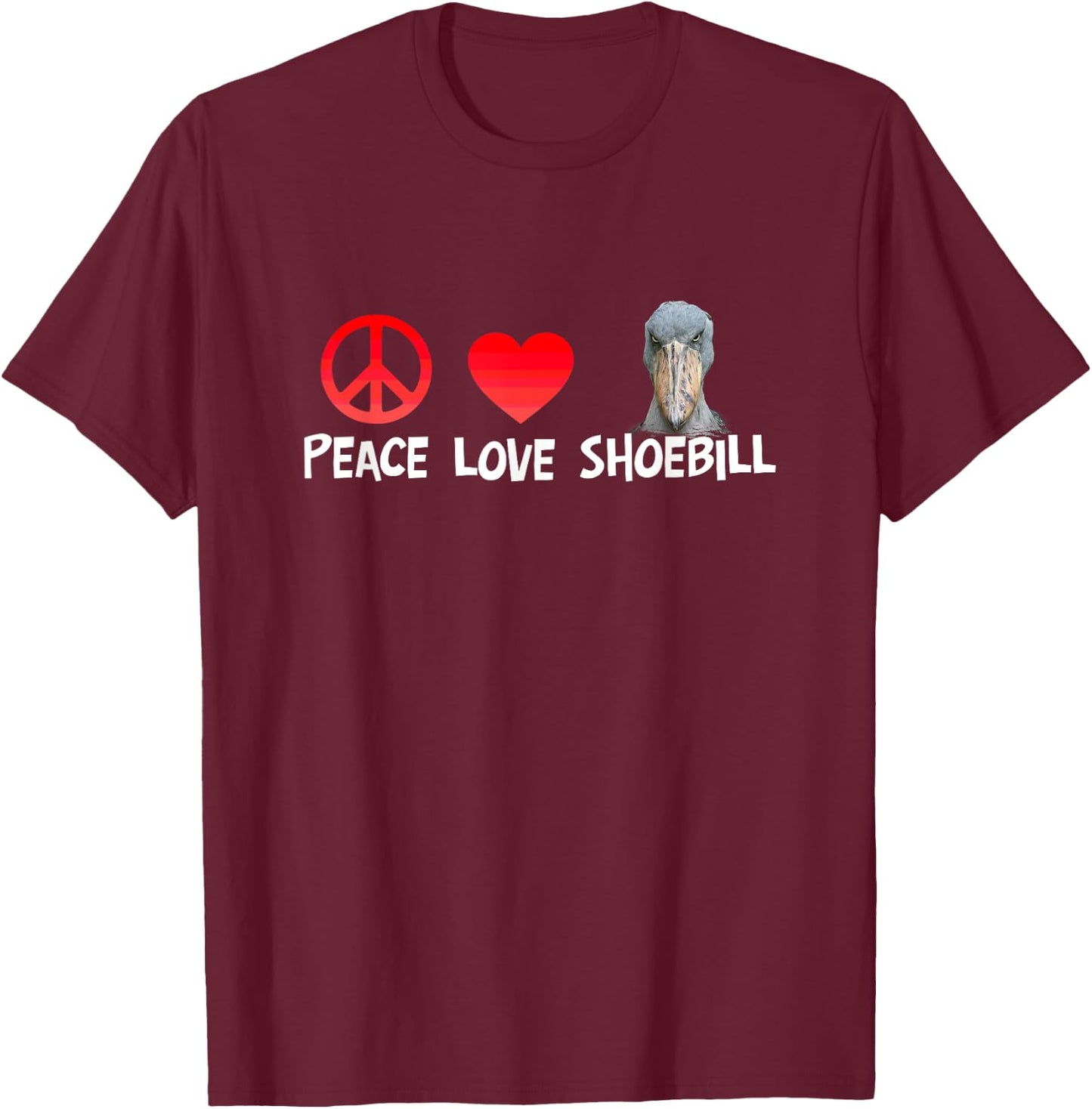 Peace Love Shoebill Large African Bird Wildlife Animal Lover T-Shirt - T-Shirt | Maroon