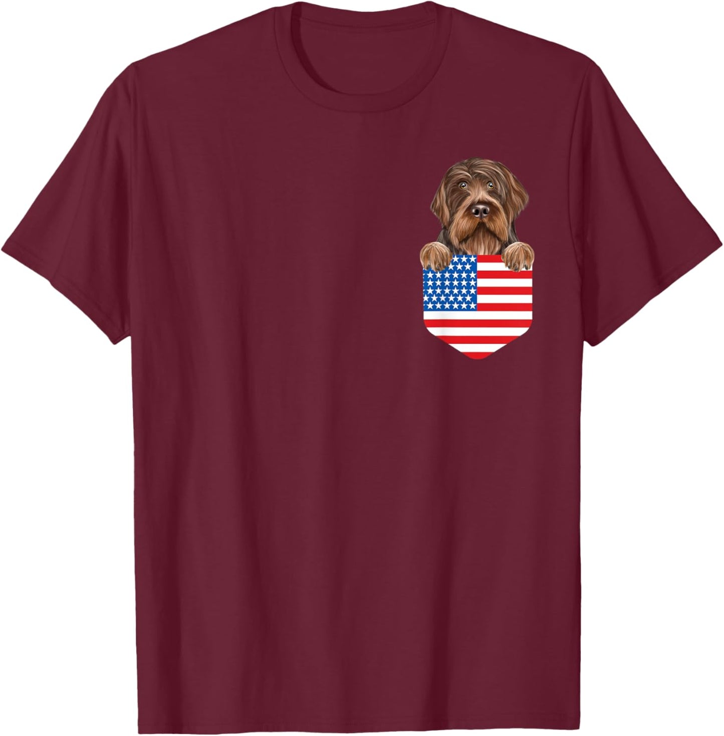 America Flag Wirehaired Pointing Griffon Dog In Pocket T-Shirt - T-Shirt | Maroon