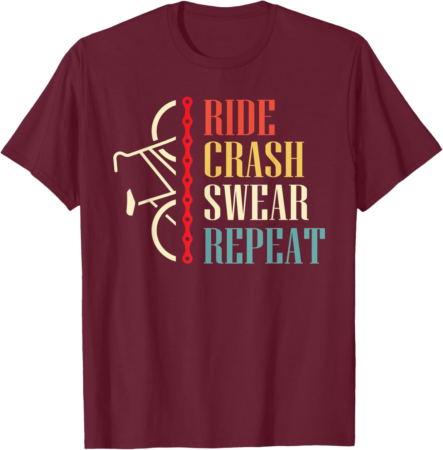 Vintage Ride Crash Swear Repeat - Funny Retro Mountain Bike T-Shirt - T-Shirt | Maroon