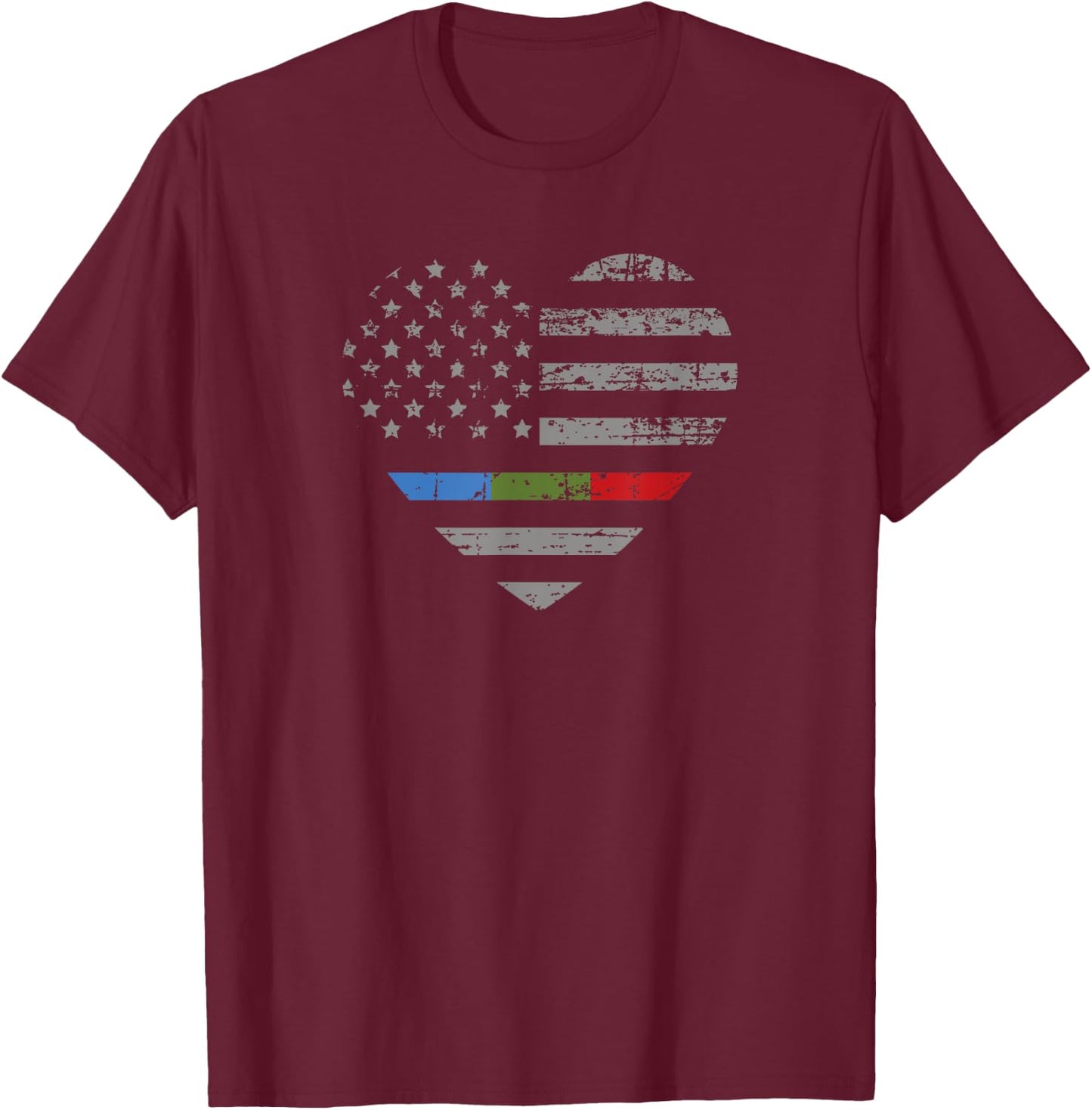 Police Military Fire Thin Blue Green Red Line Flag Heart T-Shirt - T-Shirt | Maroon