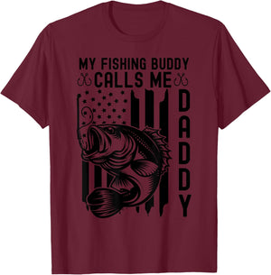 My Fishing Buddy Calls Me Daddy Us American Flag Fishing Dad T-Shirt - T-Shirt | Maroon