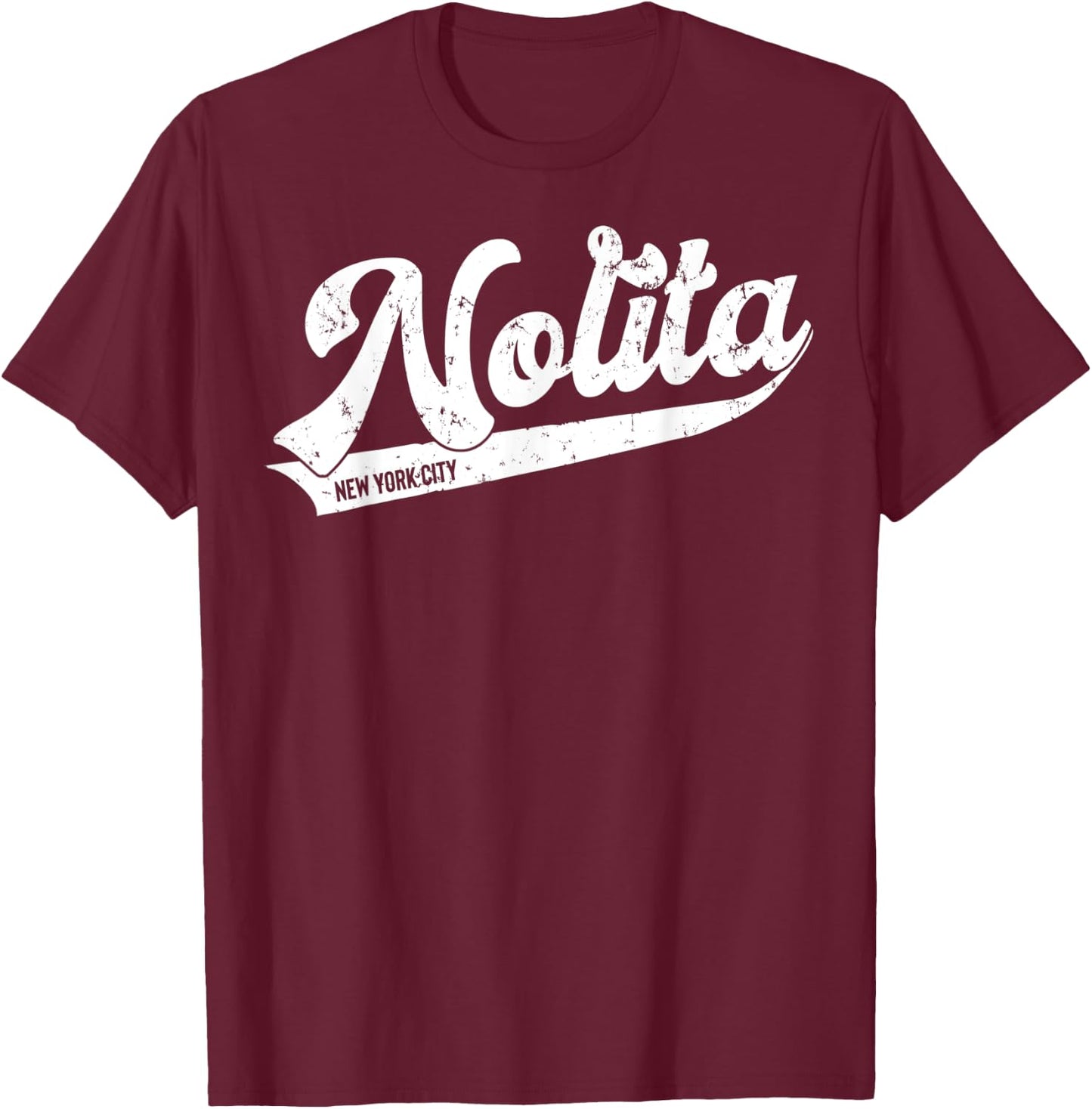 Nolita New York City Typographic Distressed Design T-Shirt - T-Shirt | Maroon