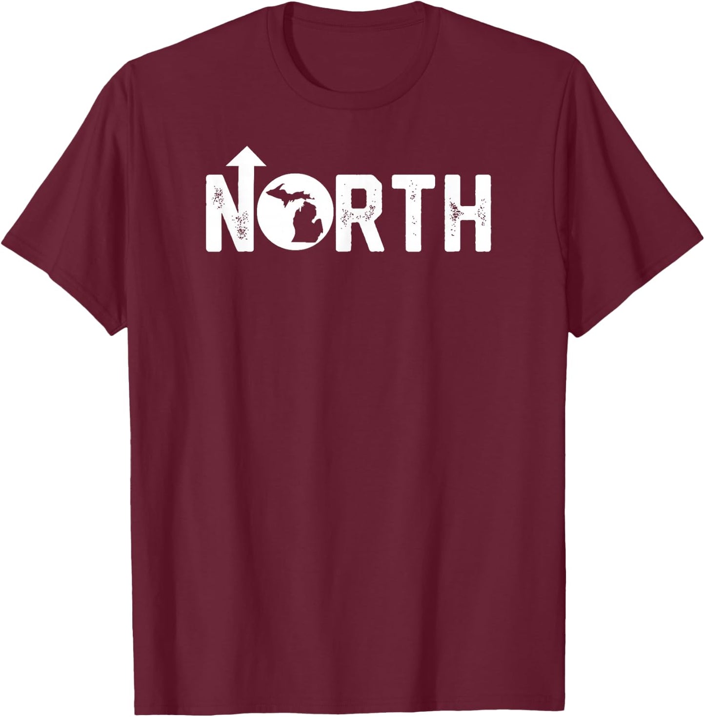 Vintage Up North Michigan Distressed Text State Map T-Shirt - T-Shirt | Maroon