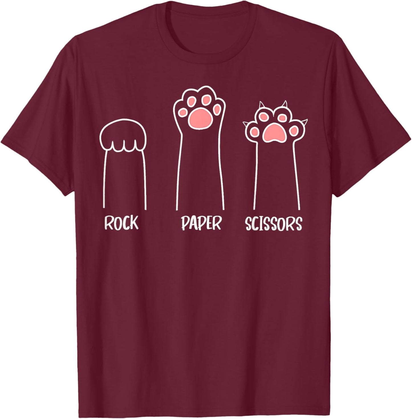Rock Paper Scissors Hand Game Cute Paw Funny Cat T-Shirt - T-Shirt | Maroon