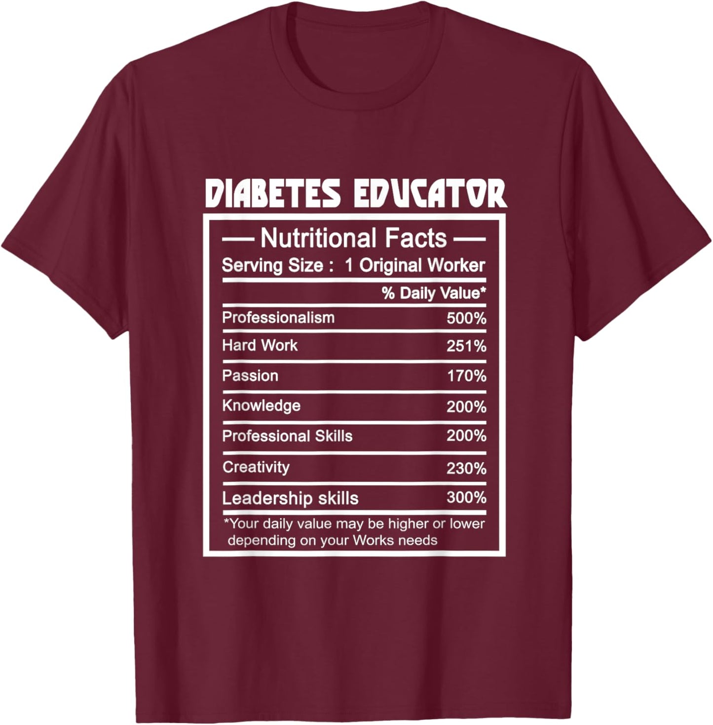 Funny Job Title Worker Nutrition Facts Diabetes Educator T-Shirt - T-Shirt | Maroon
