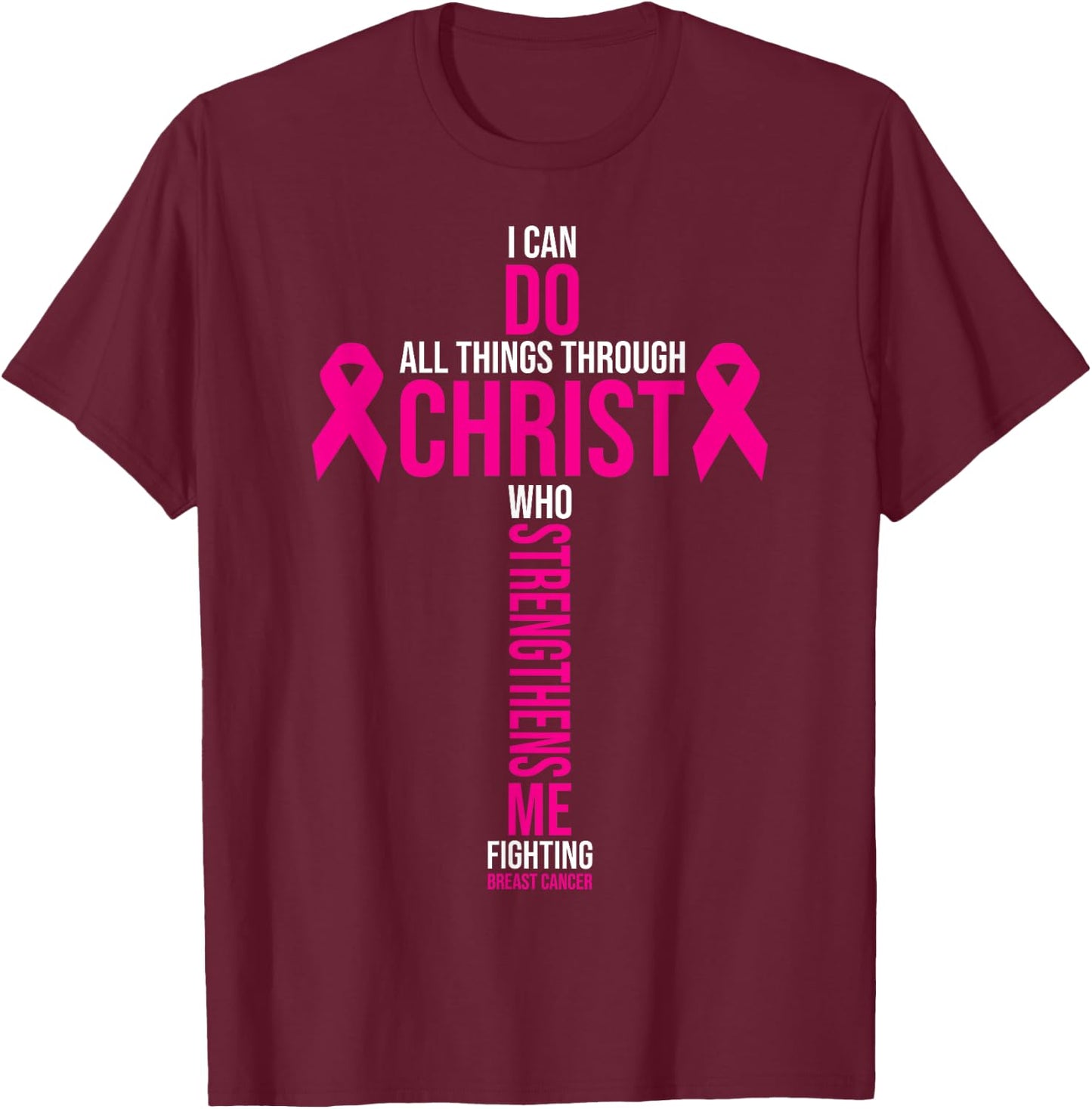 Christian Cross Pink Ribbon Inspirational Breast Cancer Gift T-Shirt - T-Shirt | Maroon