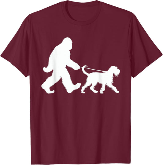 Bigfoot Walking a Dog Funny Wirehaired Pointing Griffon Dad T-Shirt - T-Shirt | Maroon