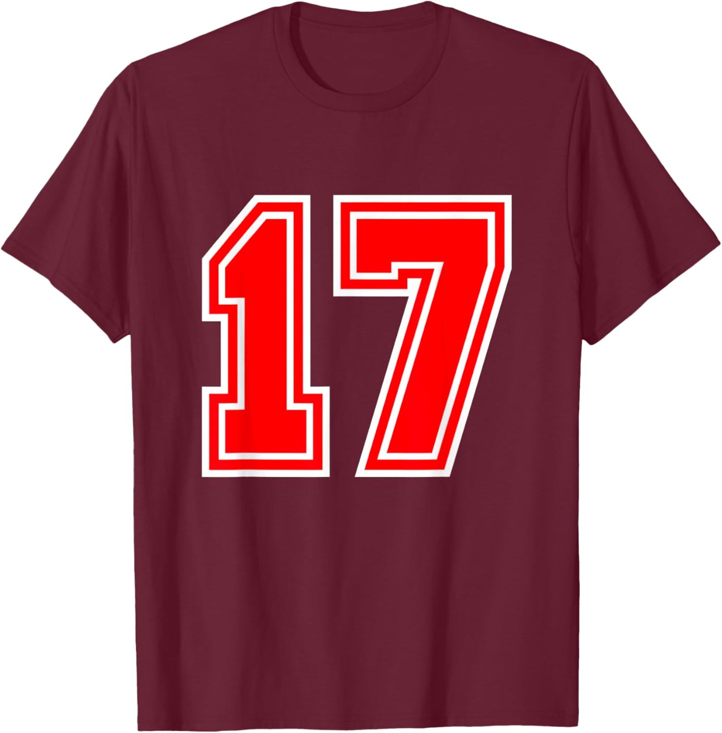 Number #17 Red Sports Team Varsity T-Shirt - T-Shirt | Maroon
