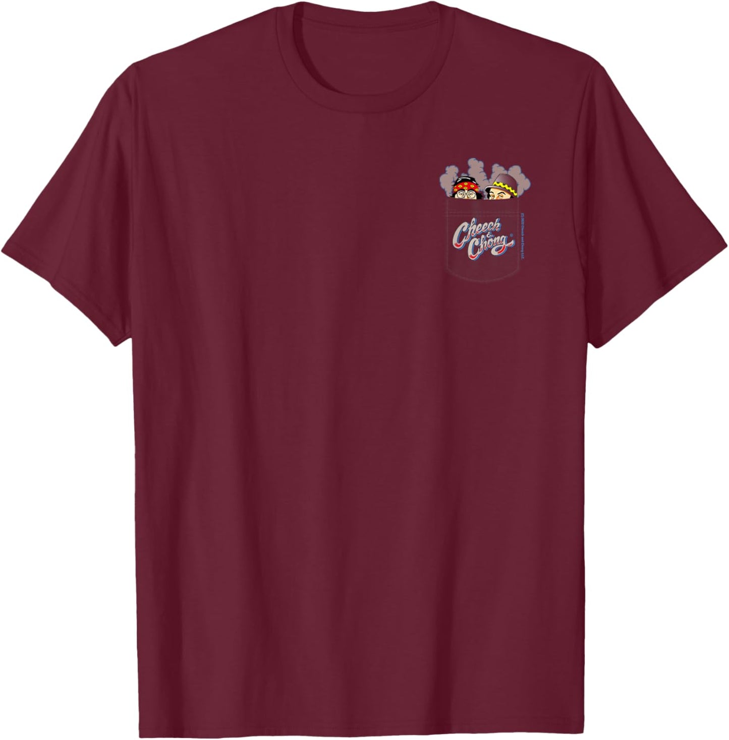 Cheech & Chong Smoking & Peeking From Chest Faux Pocket T-Shirt - T-Shirt | Maroon