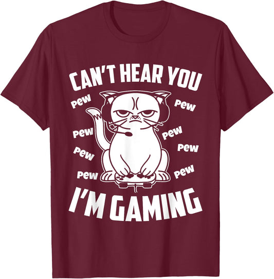 Can't hear you I'm gaming, Funny Gamer Cat Women Girls Kids T-Shirt - T-Shirt | Maroon
