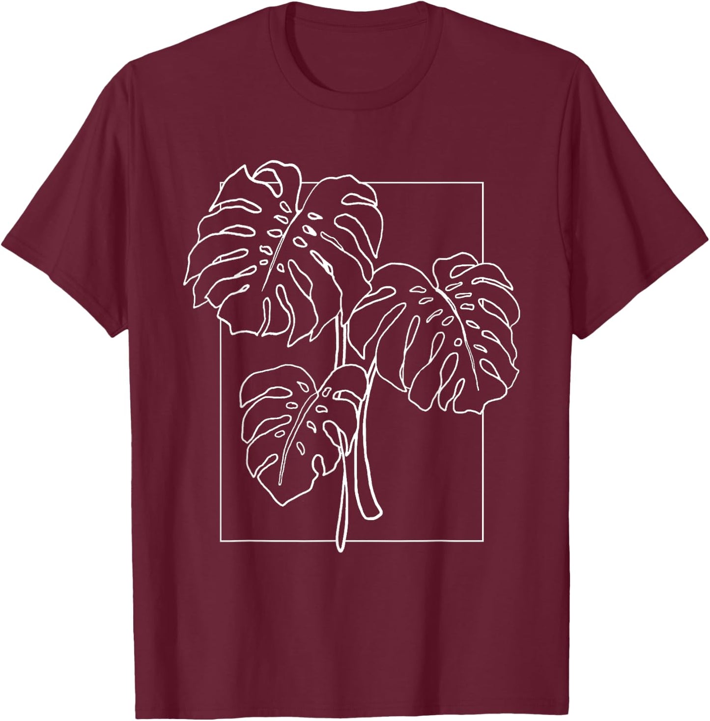 Contour Line Monstera Trendy Plant T-Shirt - T-Shirt | Maroon