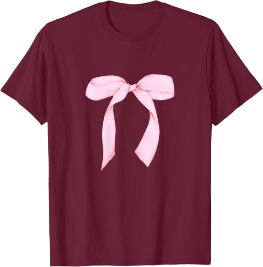 Women's Pink Bow Coquette Aesthetic Bow Print Bow Graphic T-Shirt - T-Shirt | Maroon