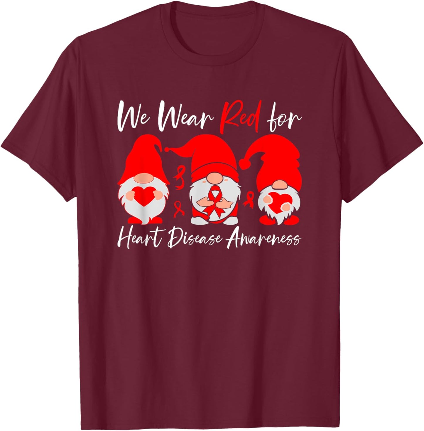 Heart Disease Awareness Gnome T-Shirt - T-Shirt | Maroon