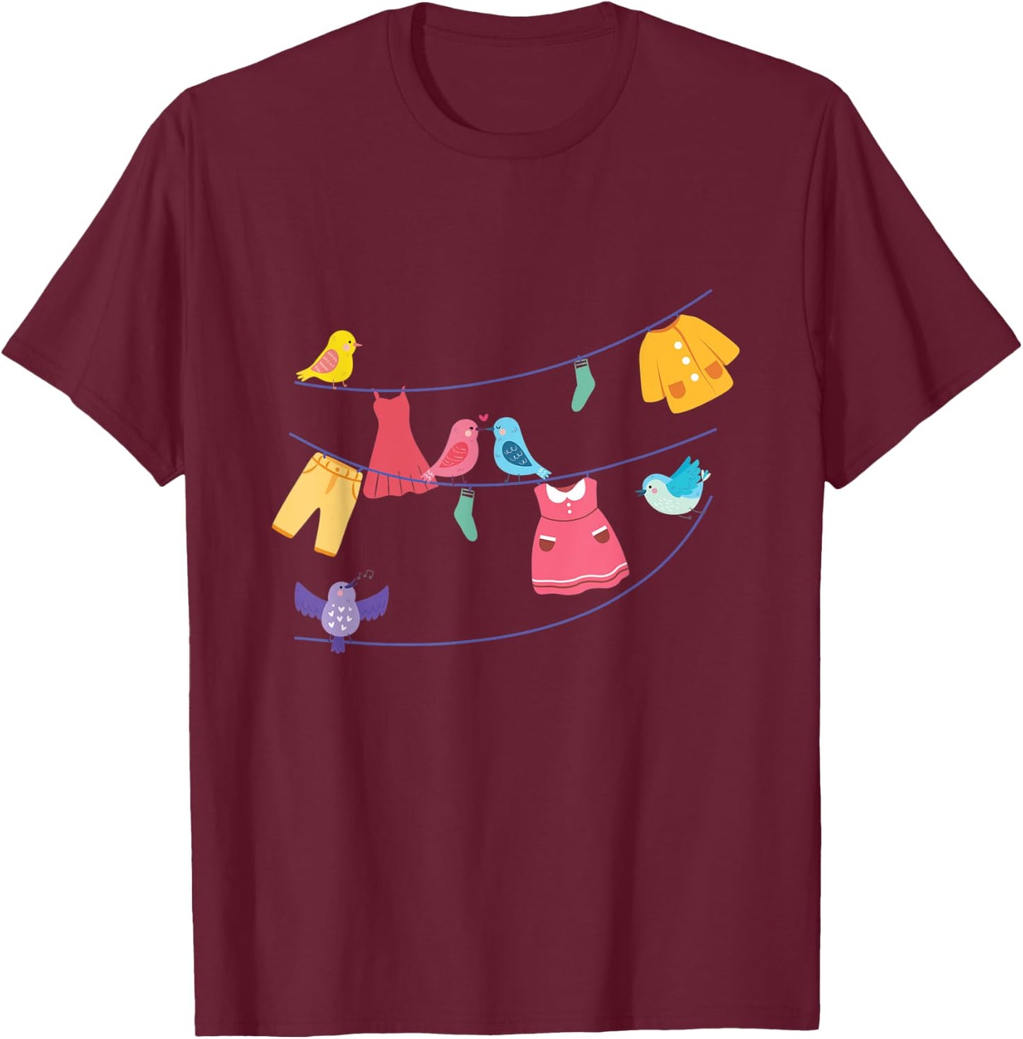 Laundry Birds Hanging On Clothes Line Bird Lover Rope Gift T-Shirt - T-Shirt | Maroon