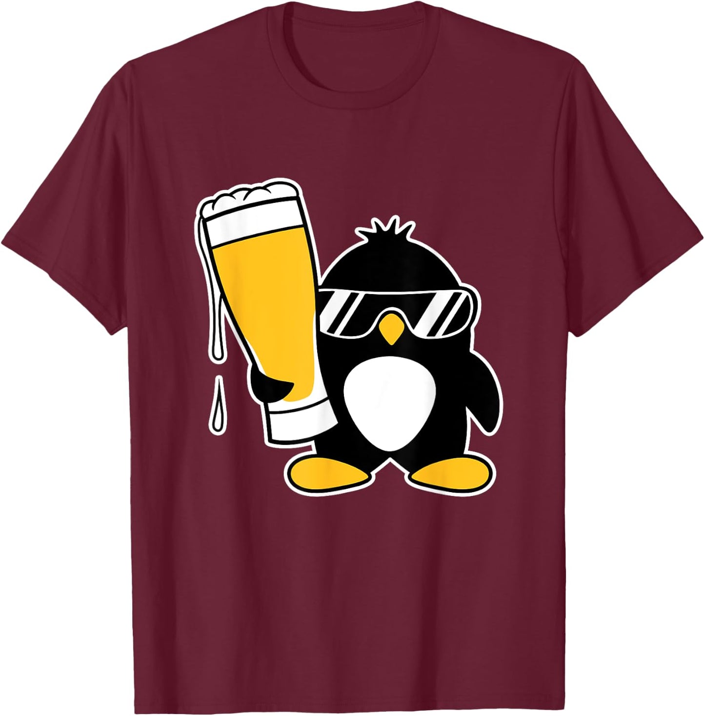 Funny Penguin With Cool Sunglasses Holding A Beer Alcohol T-Shirt - T-Shirt | Maroon