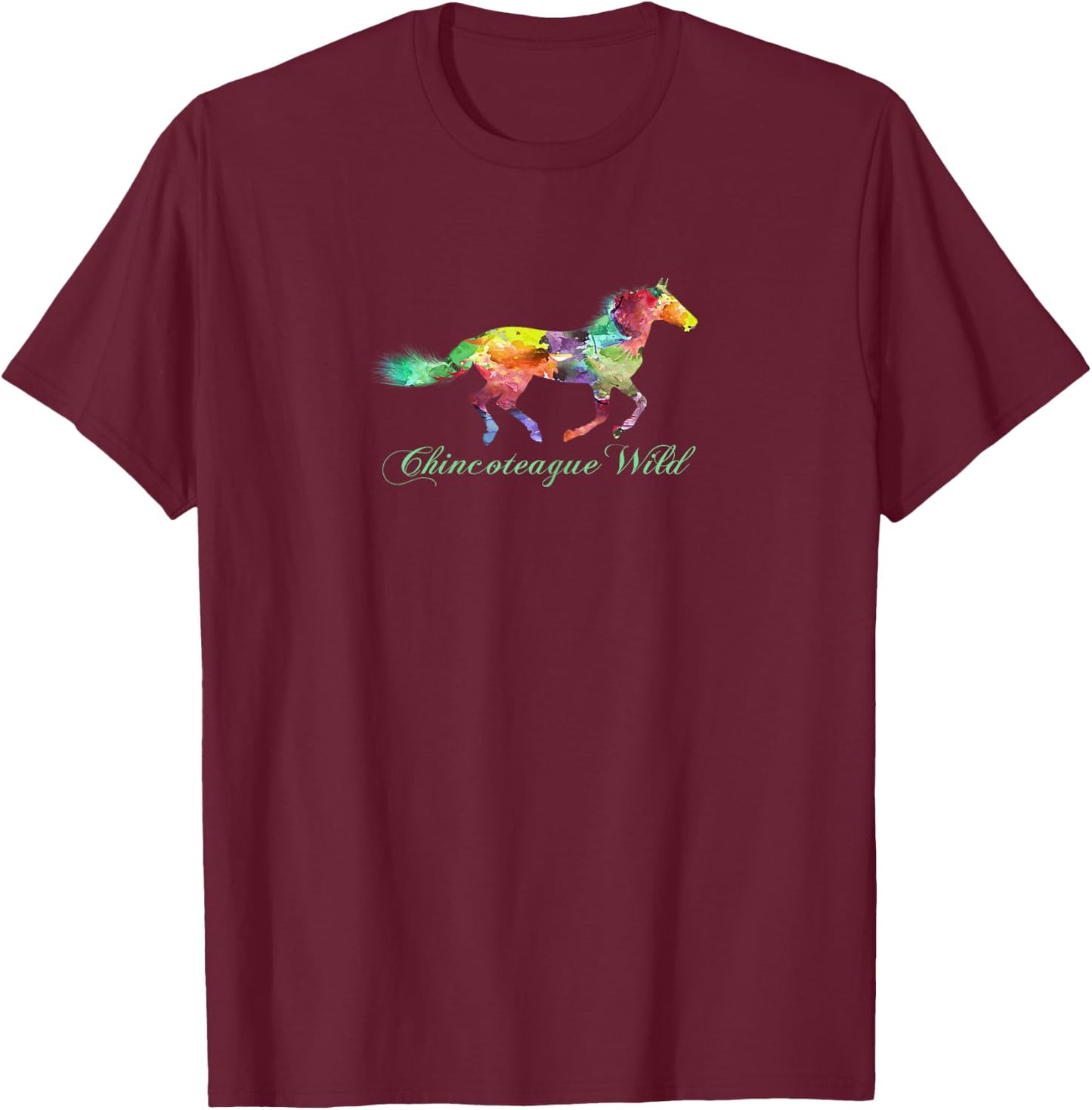 Sunshine Boy Graphic Arts Chincoteague Wild Pony - Women's X-Small Black Modern Letter Print T Back T-Shirt - T-Shirt | Maroon