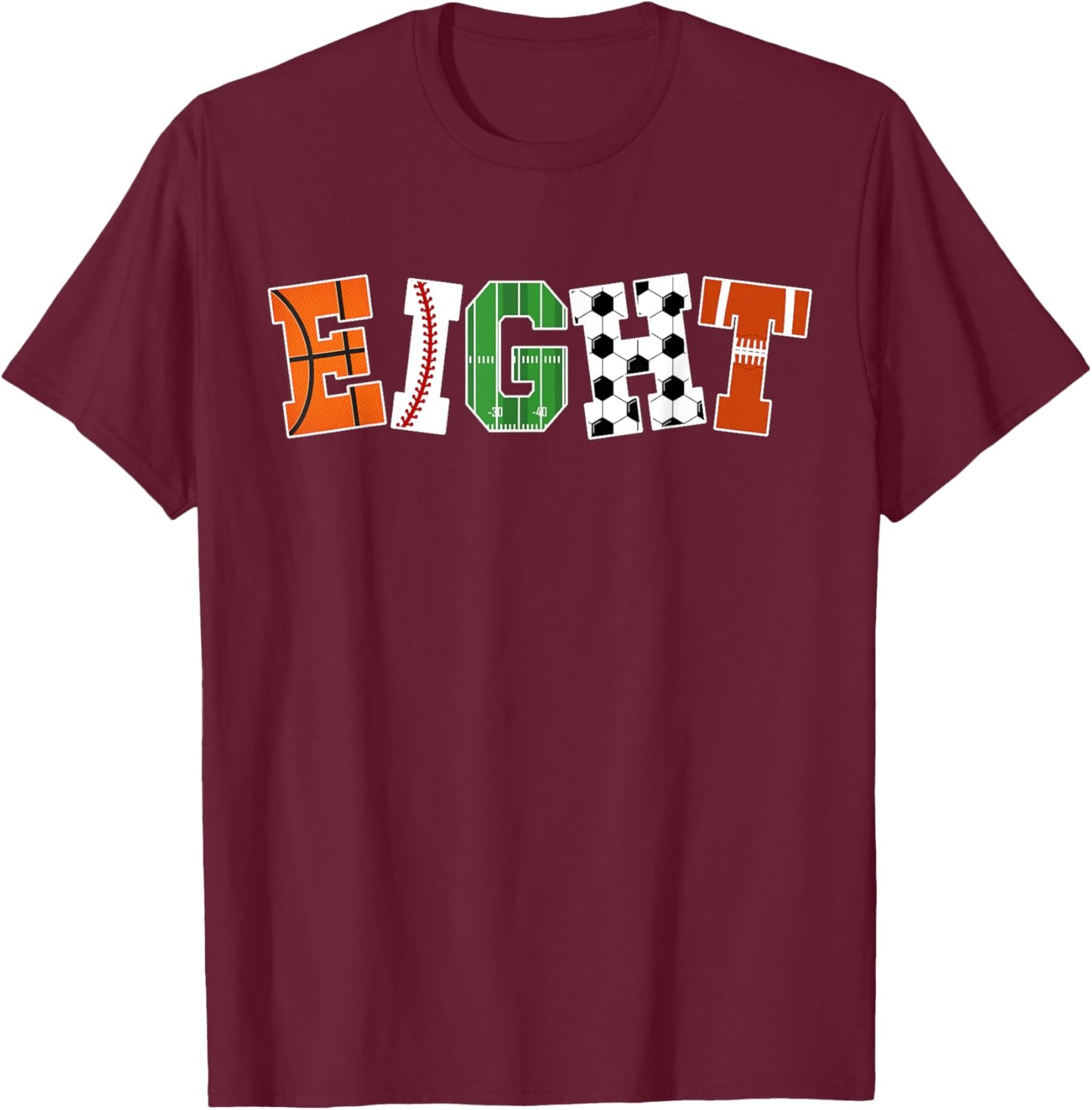 8th Birthday Sports Birthday Party 8 Year Old Boy T-Shirt - T-Shirt | Maroon