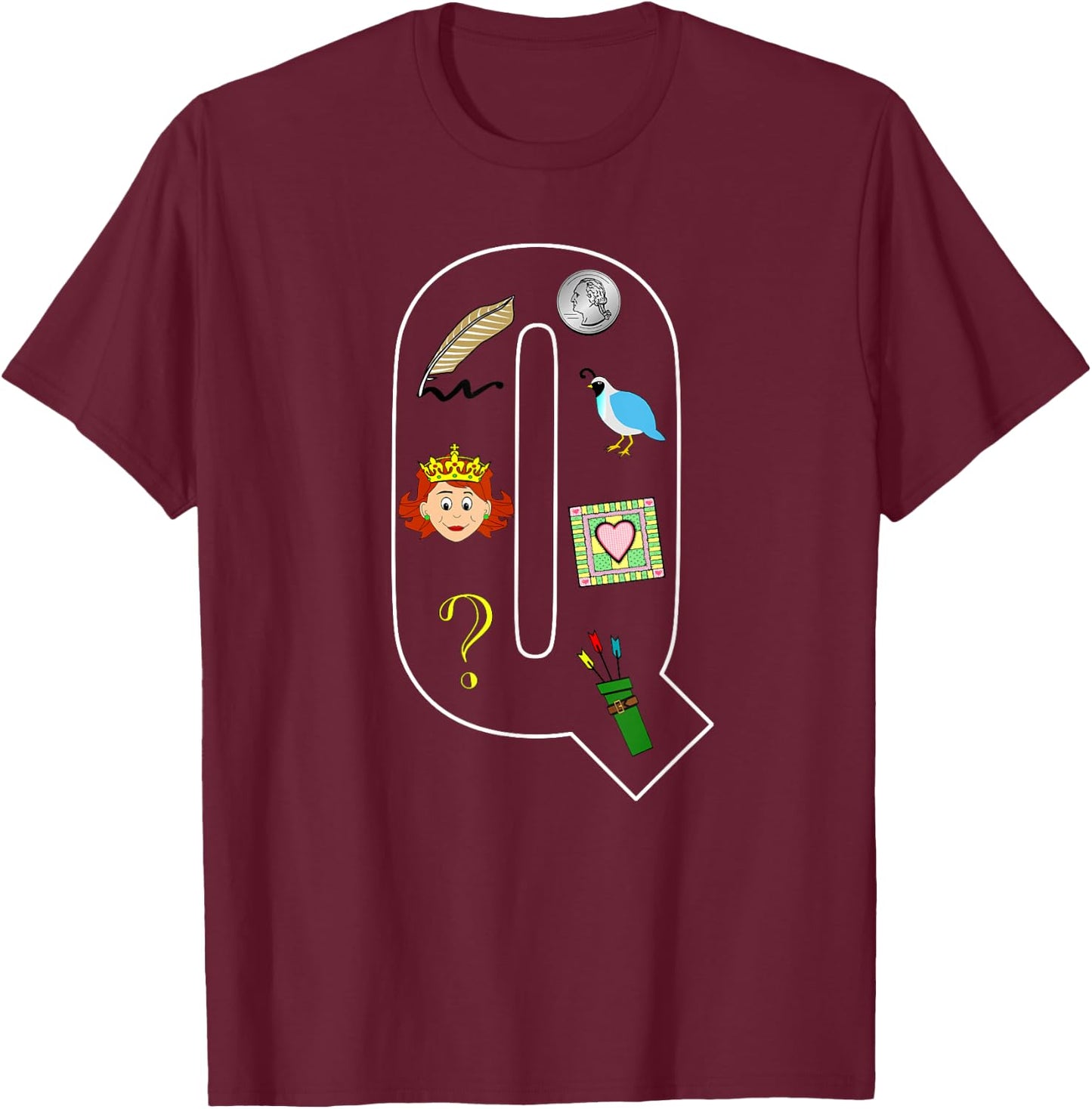 Alphabet Letter Q Phonics Objects That Start With Q Shirt T-Shirt - T-Shirt | Maroon
