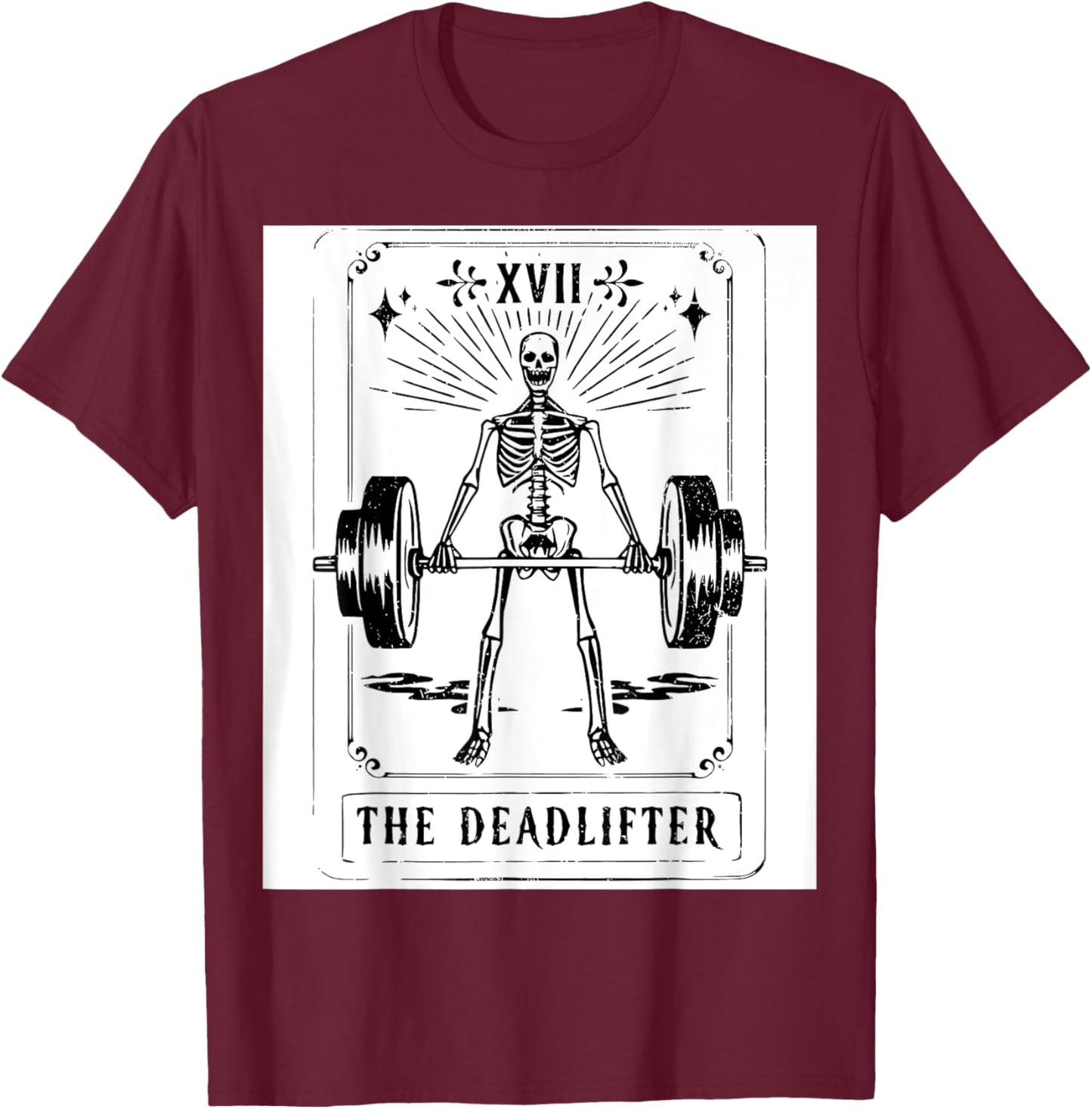 Deadlift Skeleton Tarot Card Fitness Workout Gym Weights T-Shirt - T-Shirt | Maroon