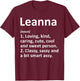 LEANNA Definition Personalized Name Funny Birthday Gift T-Shirt - T-Shirt | Maroon