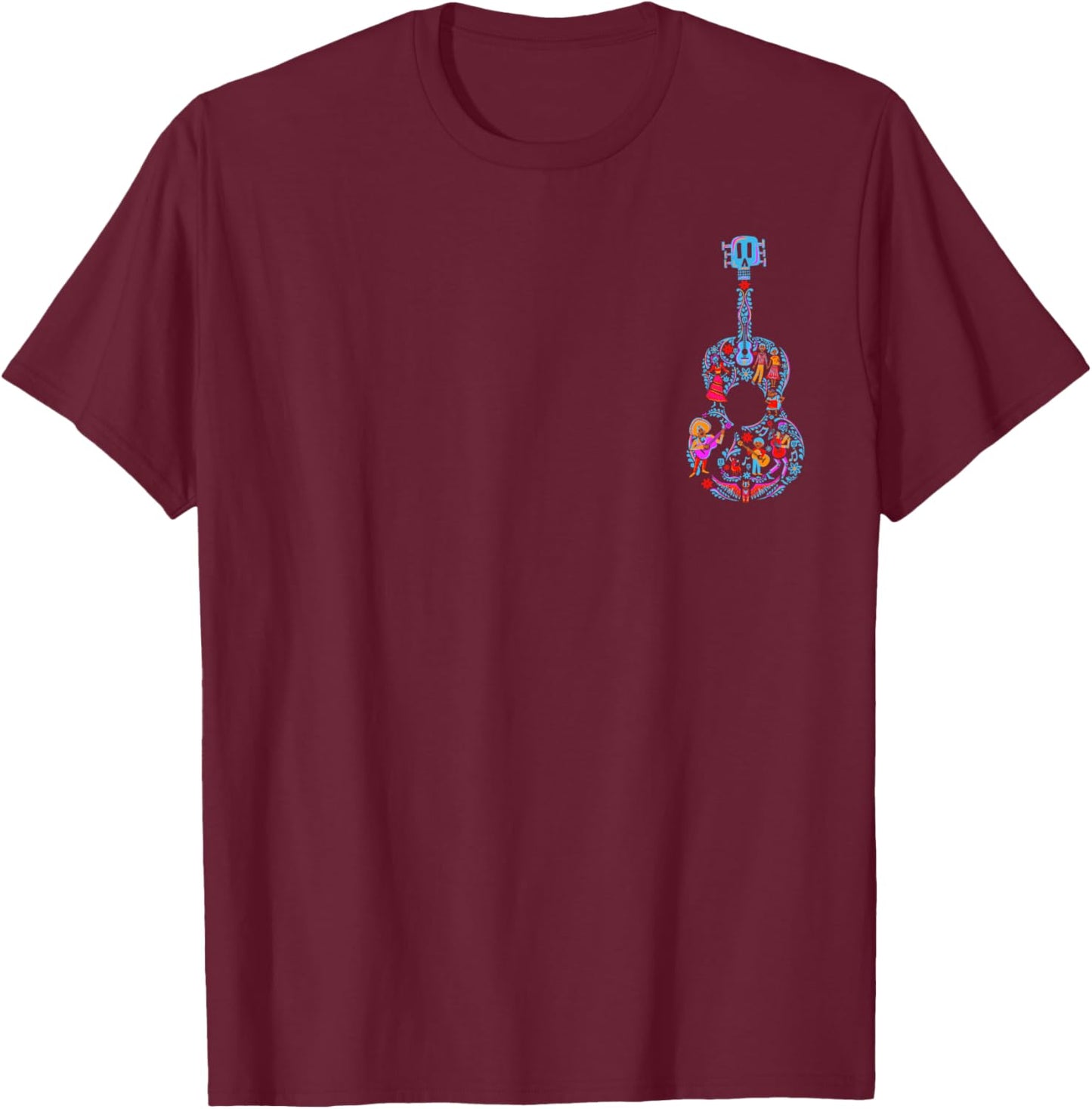 Disney Pixar Coco Joyful Day of The Dead Guitar Pocket Logo T-Shirt - T-Shirt | Maroon