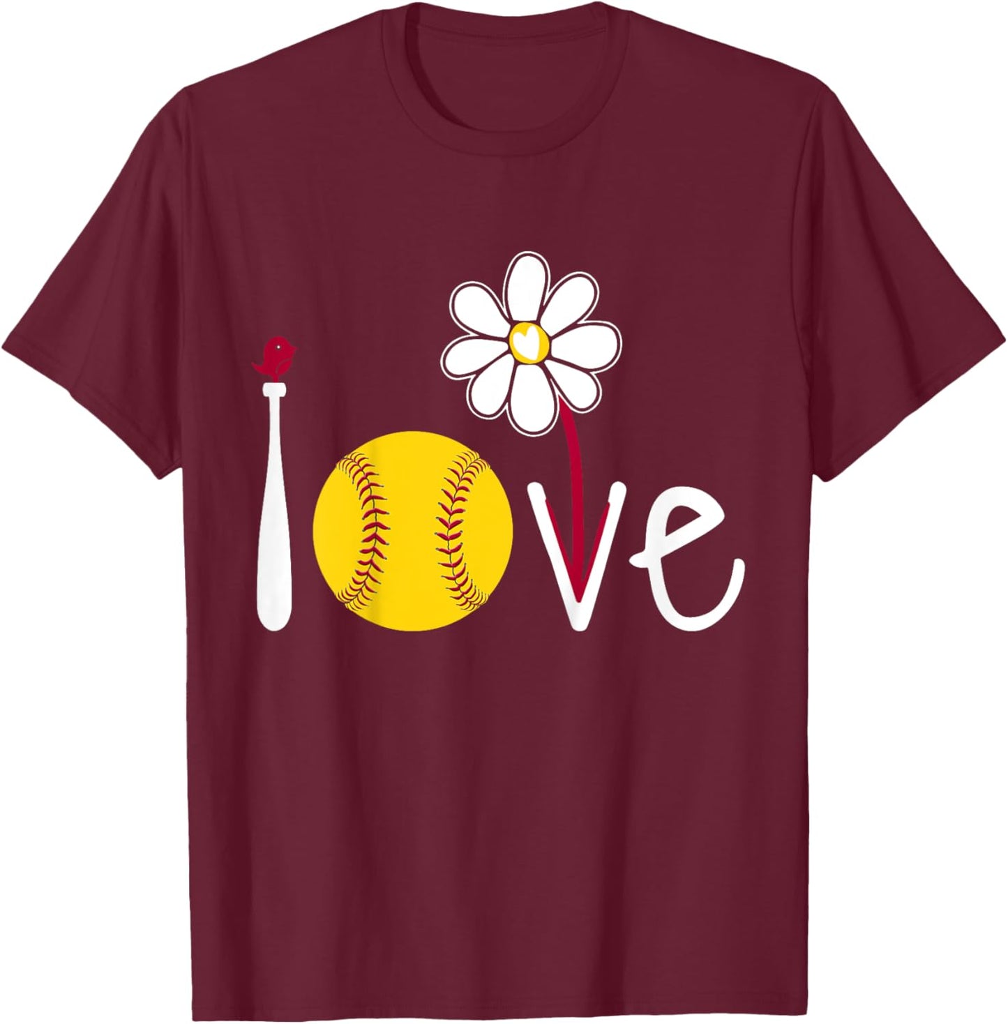 Kids Softball-Shirt Teen Girl Youth Cute I Love Softball Flowers T-Shirt - T-Shirt | Maroon