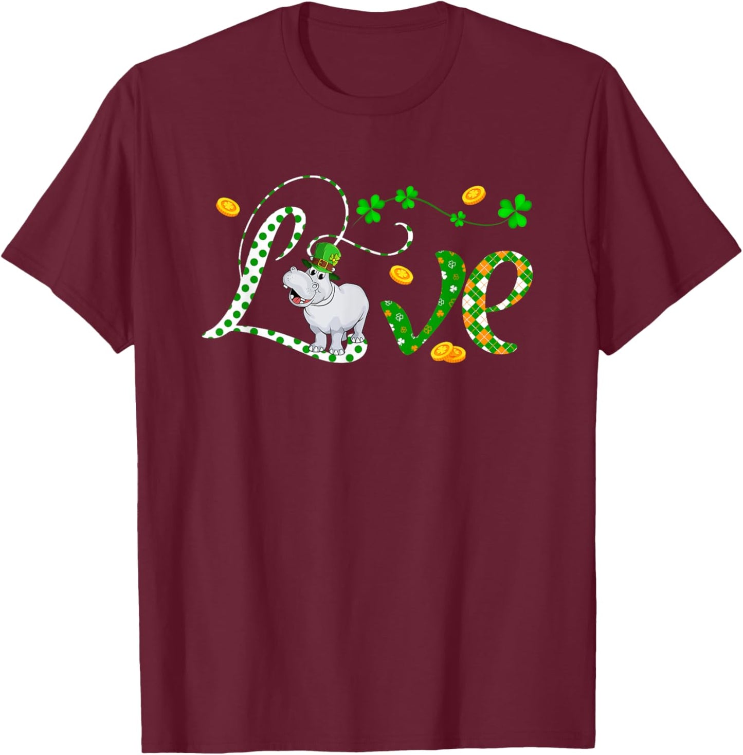 LOVE St. Patrick's Day Hippo Costume Clovers Lover Kids T-Shirt - T-Shirt | Maroon