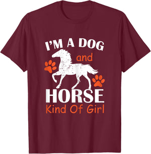 I'm A Dog And Horse Kind Of Girl Paw Print Horseshoe Gift T-Shirt - T-Shirt | Maroon