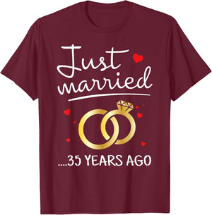 Just Married 35 Years Ago Funny Couple 35th Anniversary T-Shirt - T-Shirt | Maroon