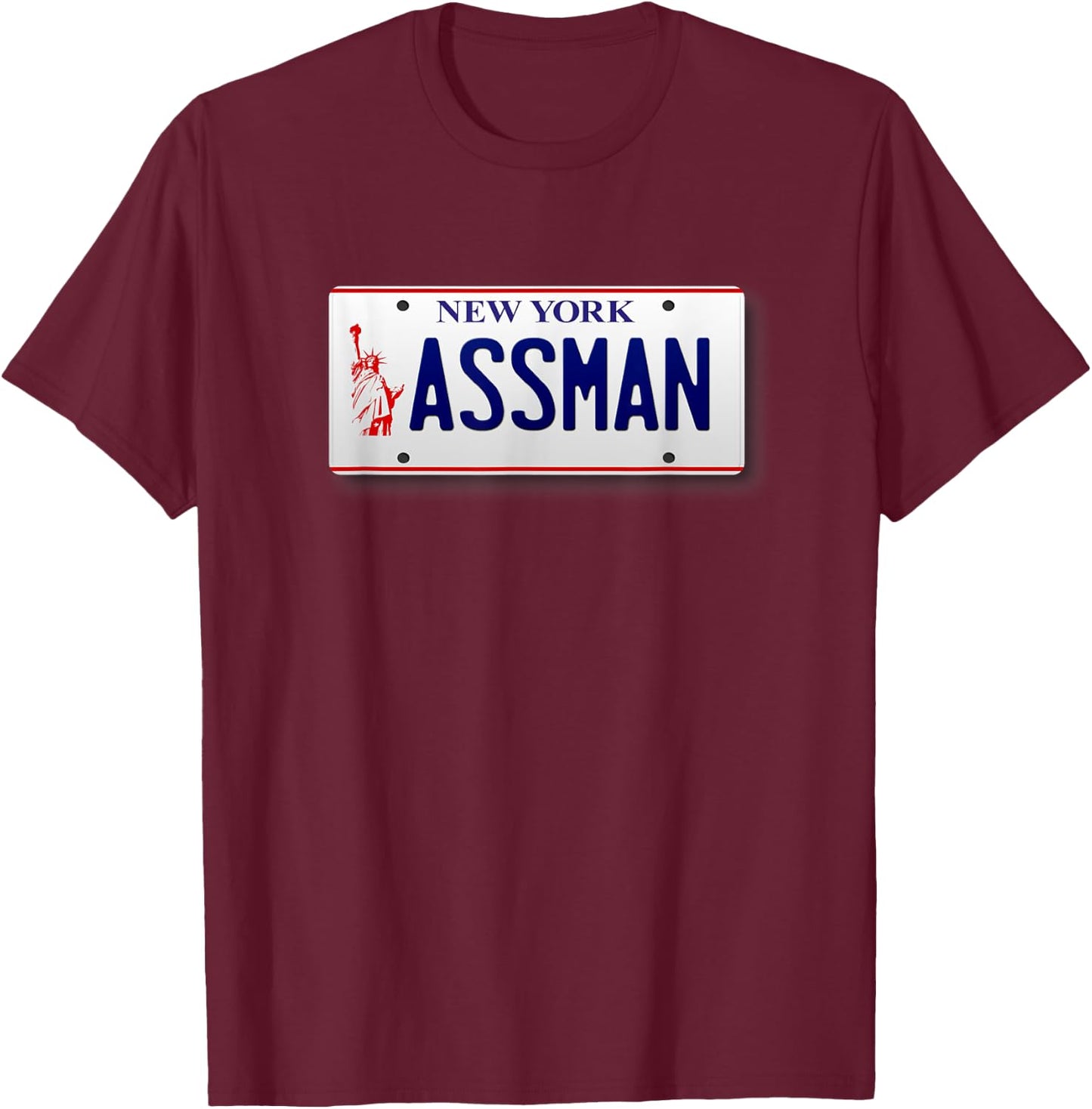 Assman New York License Plate Funny T-Shirt - T-Shirt | Maroon